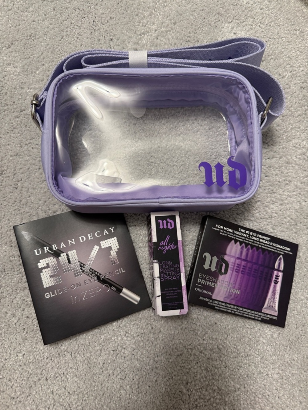 Urban Decay Clear Belt Bag and 3 travel size products
